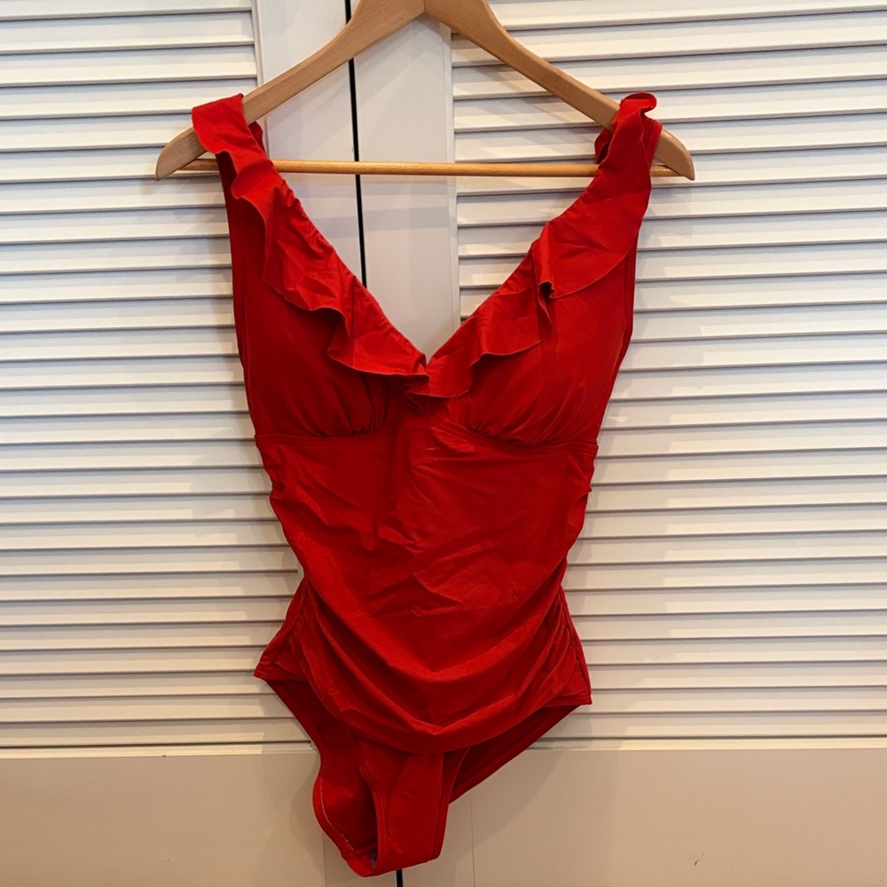 DKNY Red Ruffled Women's One Piece Swimsuit Size M NEW - Picture 1 of 9